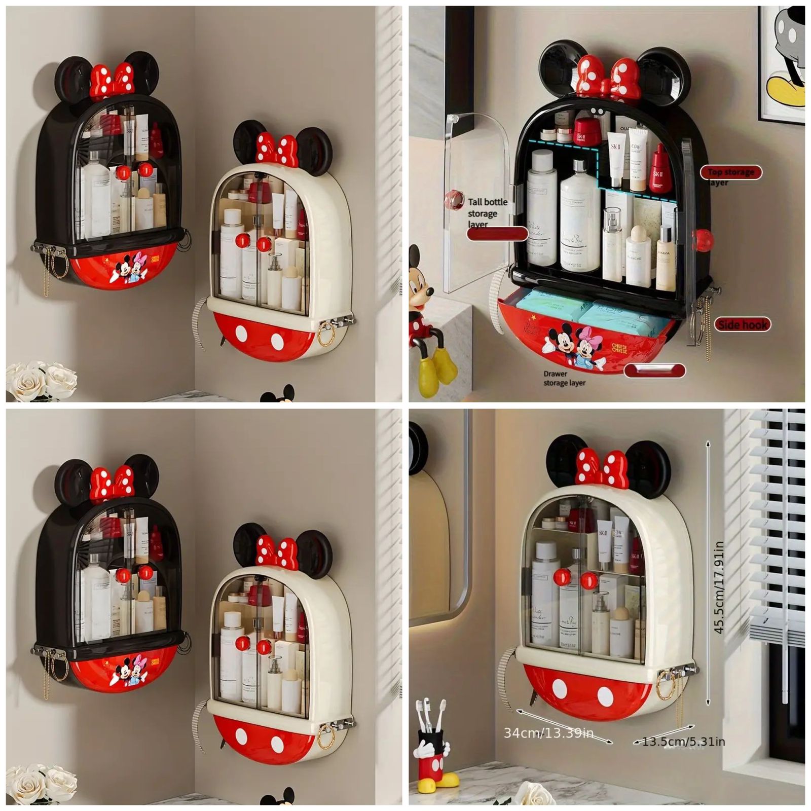 Mickey and Minnie Wall-Mounted Makeup Organizer – Cute Disney Bathroom Storage Rack