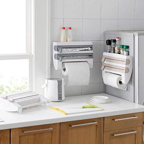 Wall Mounted Kitchen Roll Dispenser with Foil and Cling Film Cutter + Spice Rack - Image 3