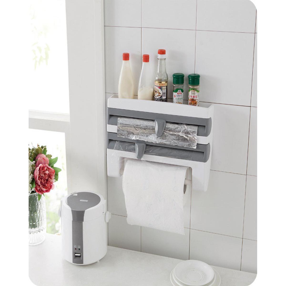 Wall Mounted Kitchen Roll Dispenser with Foil and Cling Film Cutter + Spice Rack - Image 2