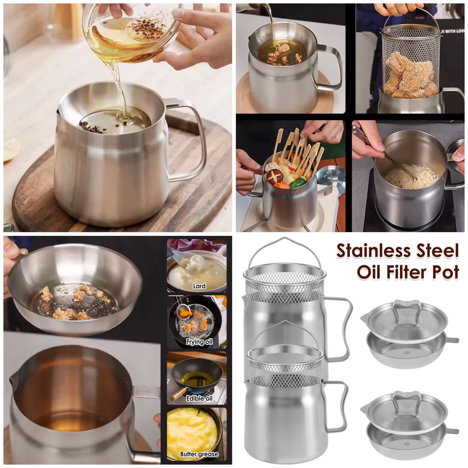 Stainless Steel Oil Filter Pot with Strainer – 304 Kitchen Oil Fryer & Storage Vessel (1.5L)