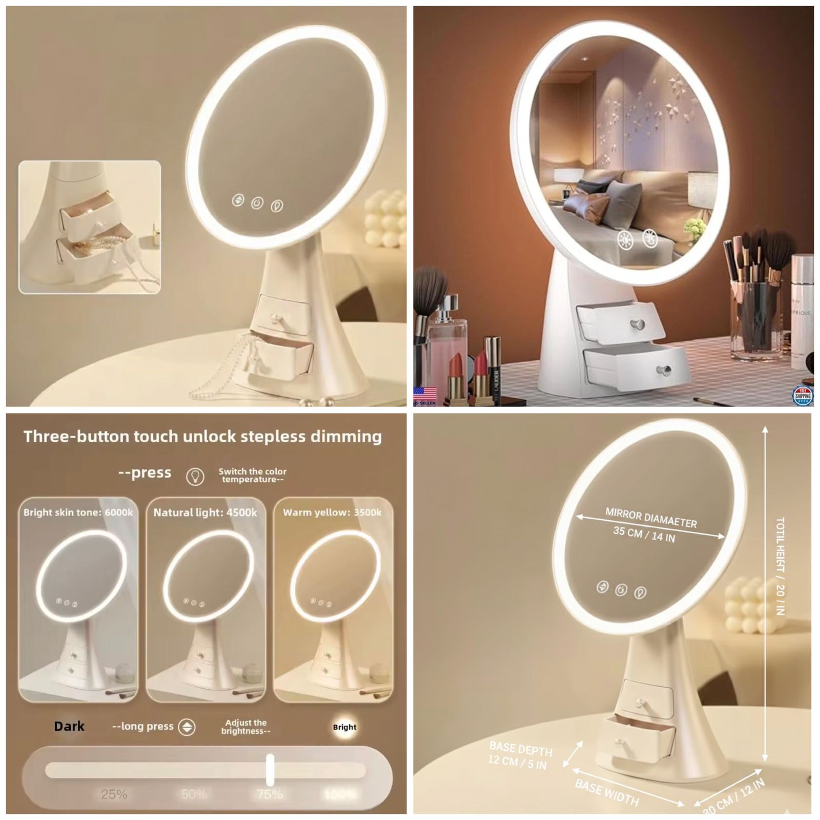 Smart Touch LED Makeup Mirror with Drawer – Illuminated Cosmetic & Jewelry Organizer