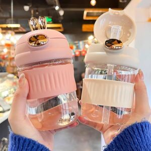 Cute Rabbit Style Glass Mug with Lid and Straw Portable Reusable Tumbler