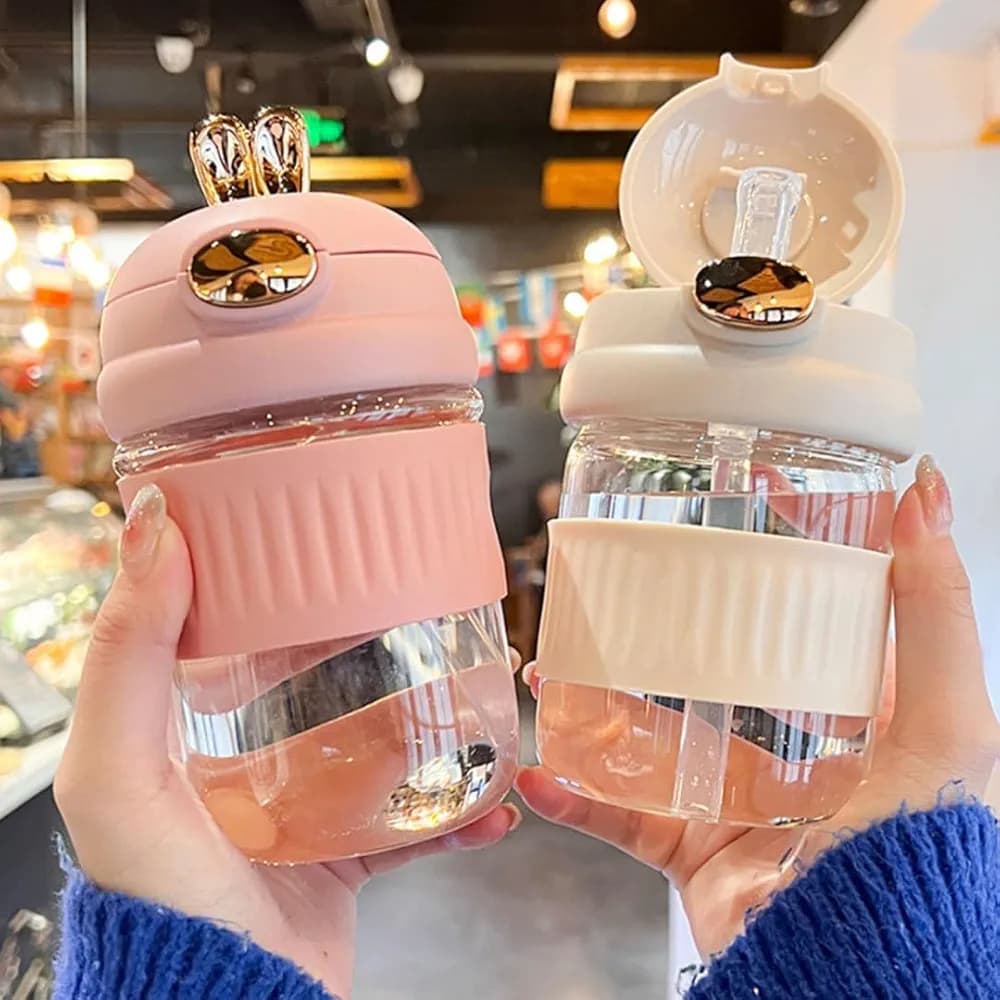 Cute Rabbit Style Glass Mug with Lid and Straw Portable Reusable Tumbler