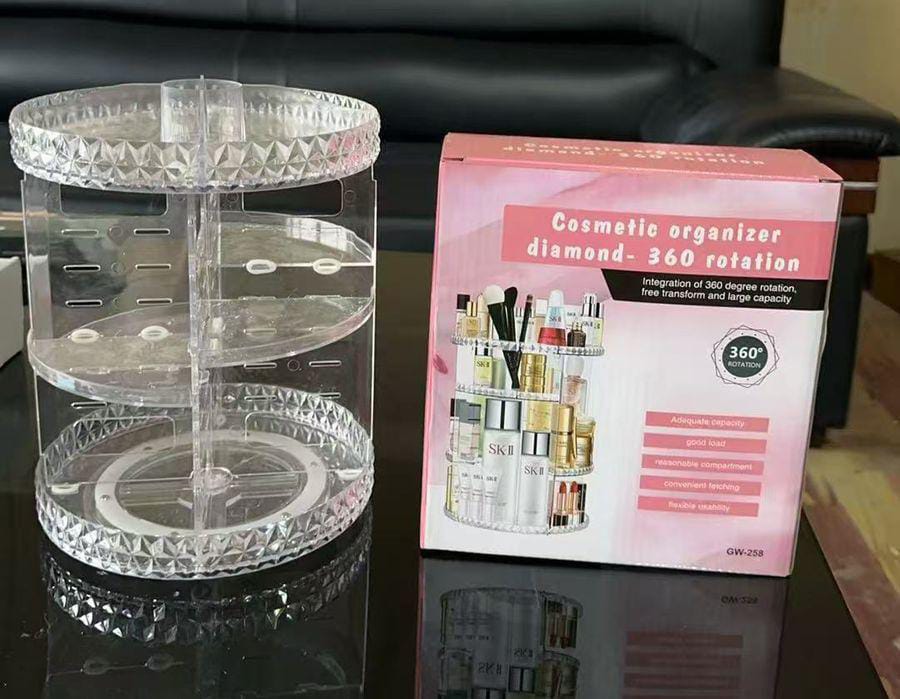360° Rotating Makeup Storage Rack – Adjustable Height Transparent Cosmetics Organizer