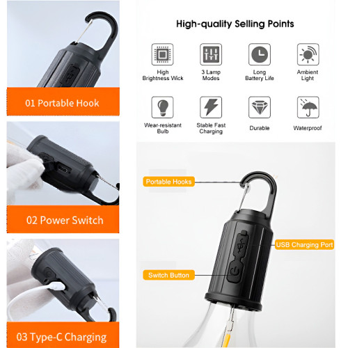 T02 Retro Hanging LED Camping Bulb – Type-C Rechargeable Waterproof Outdoor Tent Light - Image 8