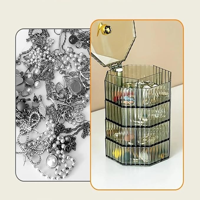 ELEFOCUS 360° Transparent Rotating Jewelry Organizer – 4-Layer Acrylic Storage Box with Mirror & Handle (Green) - Image 2