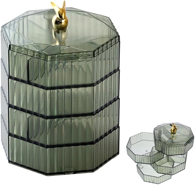 ELEFOCUS 360° Transparent Rotating Jewelry Organizer – 4-Layer Acrylic Storage Box with Mirror & Handle (Green) - Image 7