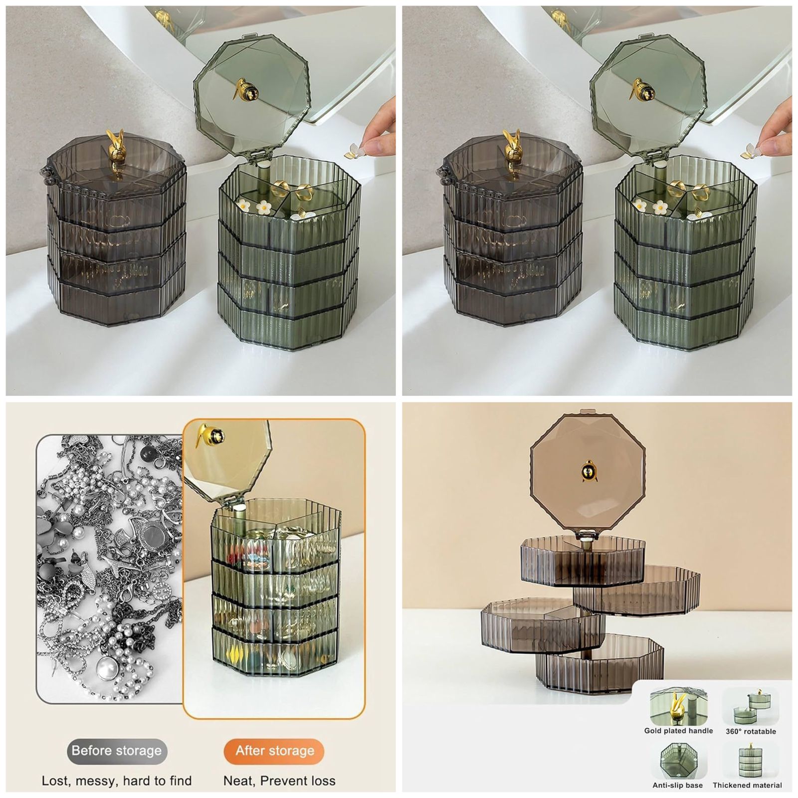 ELEFOCUS 360° Transparent Rotating Jewelry Organizer – 4-Layer Acrylic Storage Box with Mirror & Handle (Green)