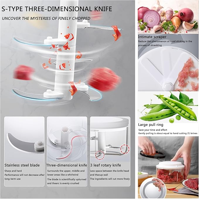 1000ML Manual Food Processor – Hand Pull Vegetable & Onion Chopper with Stainless Steel Blades - Image 3