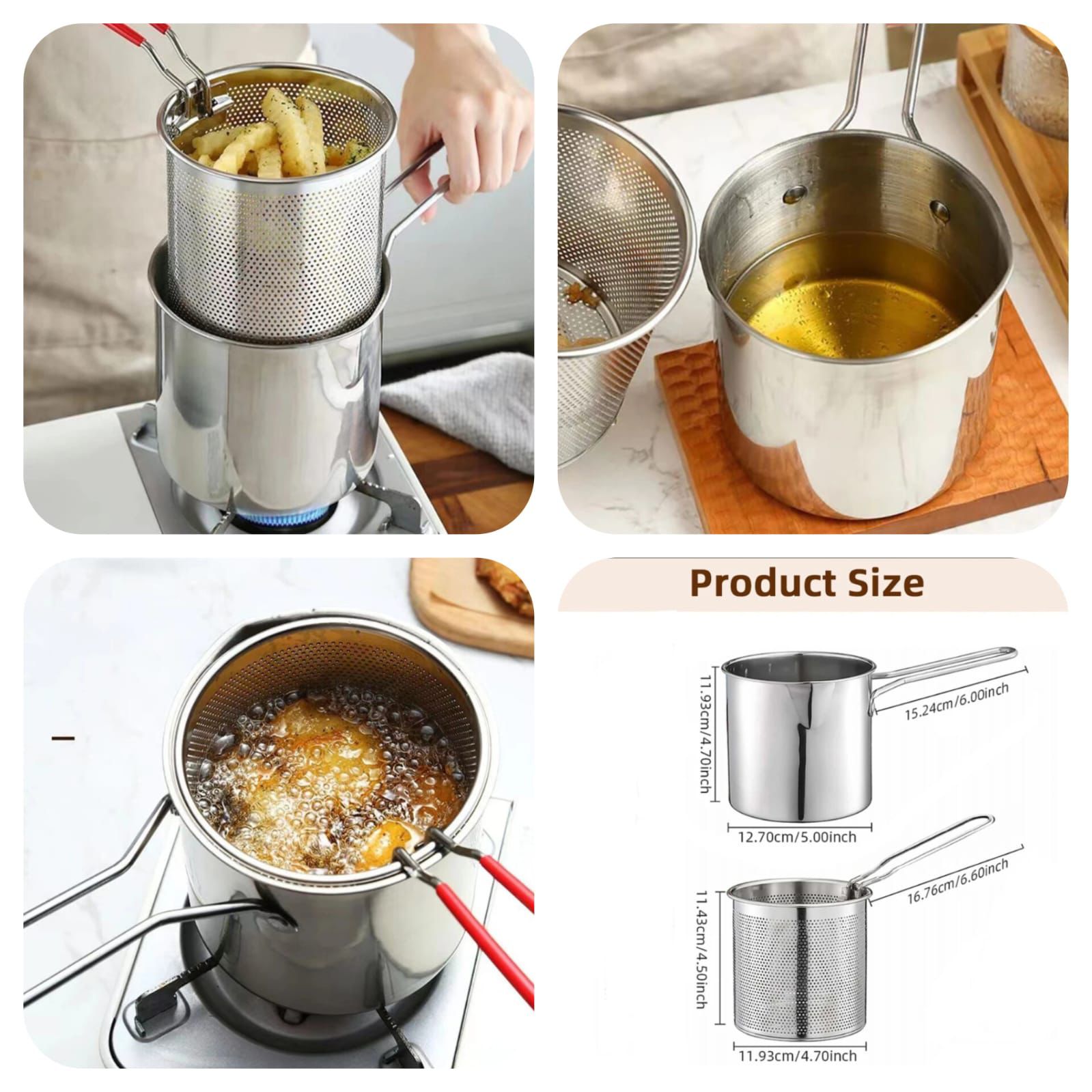 Stainless Steel Deep Fryer Pot Set with Strainer Basket & Tong – Japanese Tempura Style Frying Pot