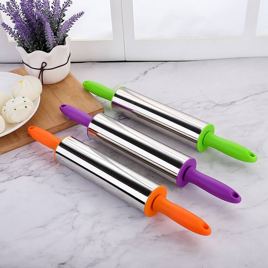 39cm Premium Stainless Steel Rolling Pin – Non-Stick 304 Steel with Ergonomic PVC Handles