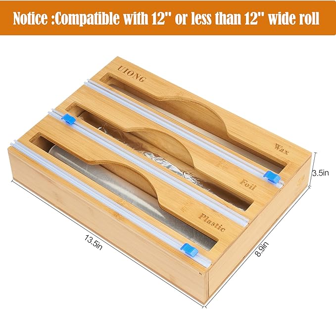 3-in-1 Bamboo Wrap Dispenser with Cutter – Wall-Mount Kitchen Organizer for Foil, Plastic and Paper Wraps - Image 6