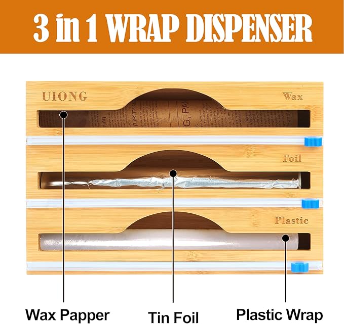 3-in-1 Bamboo Wrap Dispenser with Cutter – Wall-Mount Kitchen Organizer for Foil, Plastic and Paper Wraps - Image 7