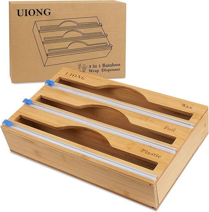 3-in-1 Bamboo Wrap Dispenser with Cutter – Wall-Mount Kitchen Organizer for Foil, Plastic and Paper Wraps - Image 3