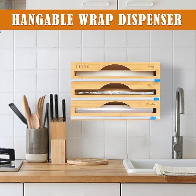 3-in-1 Bamboo Wrap Dispenser with Cutter – Wall-Mount Kitchen Organizer for Foil, Plastic and Paper Wraps - Image 2