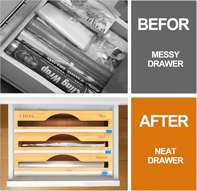 3-in-1 Bamboo Wrap Dispenser with Cutter – Wall-Mount Kitchen Organizer for Foil, Plastic and Paper Wraps - Image 4