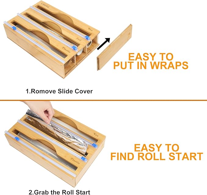 3-in-1 Bamboo Wrap Dispenser with Cutter – Wall-Mount Kitchen Organizer for Foil, Plastic and Paper Wraps - Image 5