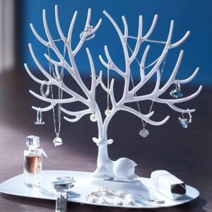 Elegant Deer Antler Jewelry Stand with Tray – Necklace, Ring and Earring Organizer