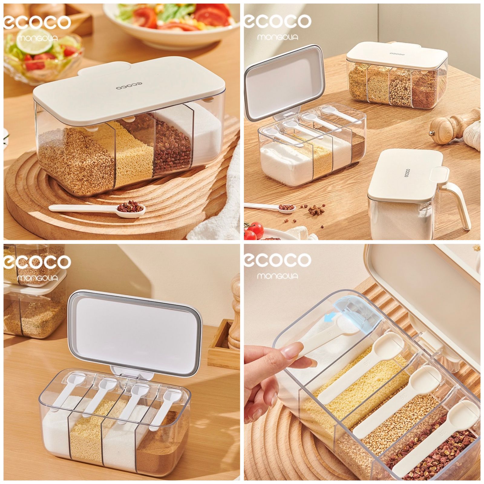 4-in-1 Nordic Multi-Compartment Spice & Seasoning Organizer – Square Condiment Jar with Transparent Lid