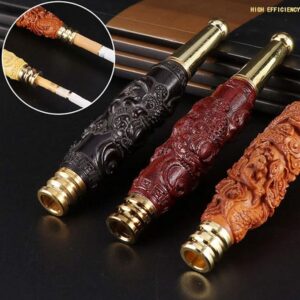 Rosewood Carved Wooden Cigarette Holder – Elegant Double-Layer Filter Design