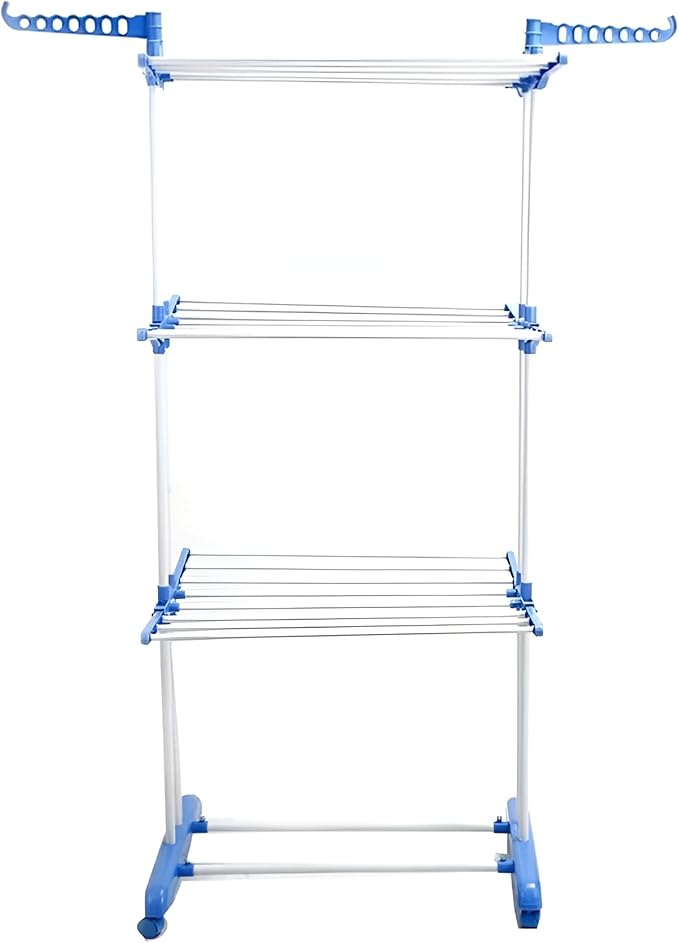 3-Tier Foldable Clothes Drying Rack with Wheels – Multi-Layer Steel Laundry Stand with Side Wings