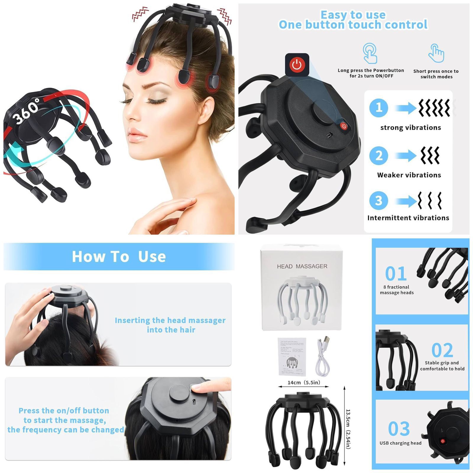 Electric Octopus Head Massager – 360° Scalp Therapy Device with 3 Vibration Modes 4 Smart Home, Kitchen & Everyday Gadgets | XTylr Electric Octopus Head Massager – 360° Scalp Therapy Device with 3 Vibration Modes - Image 4