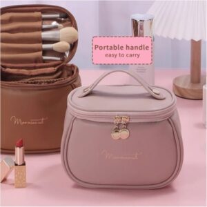 Mini Leather Cosmetic Bag for Women – Travel Makeup Organizer with Divider & Handle