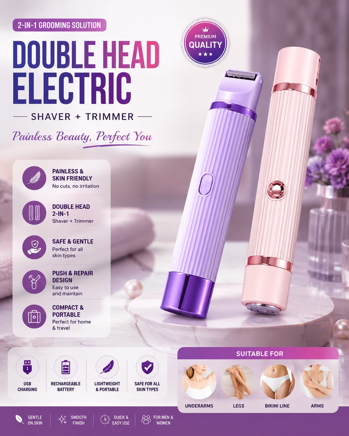 2 in 1 Women's Electric Shaver & Hair Remover | Wet & Dry Facial and Body Trimmer 1 Smart Home, Kitchen & Everyday Gadgets | XTylr 2 in 1 Women's Electric Shaver & Hair Remover | Wet & Dry Facial and Body Trimmer